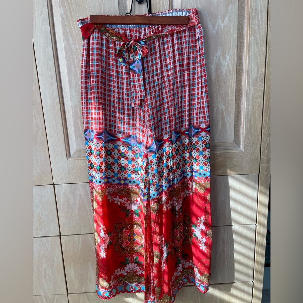 NWT Johnny Was Red Orange Multicolor Split Wide Leg Pants - Picture 2 of 7